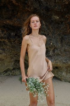 Upcycled Creme Silk Dress – Makarawear Big Luggage, Minimal Swimwear, Nude Slip Dress, Resort Look, Adventurous Women, Secret Dress, Slow Fashion Movement, Sustainable Swimwear, Activewear Brands