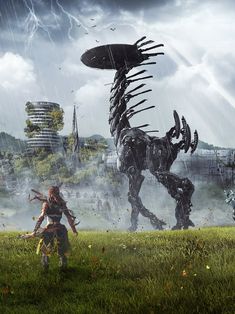 an image of a giant dinosaur in the middle of a field with people standing around it