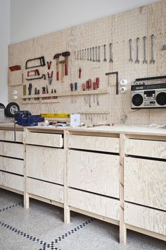 the workbench has many tools on it