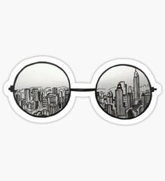 a pair of round glasses with cityscape in the reflection, on a white background