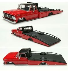 two pictures of a red pickup truck with flat bed