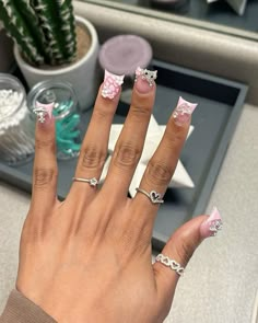 Short Duck Tip Nails, Nail Inspo Duck Nails, Short Duckies Nails, French Tip Junk Nails, Short Charm Nails, French Nails With Charms, Duck Nails Acrylic Short, Hello Kitty Charm Nails, Xs Nails