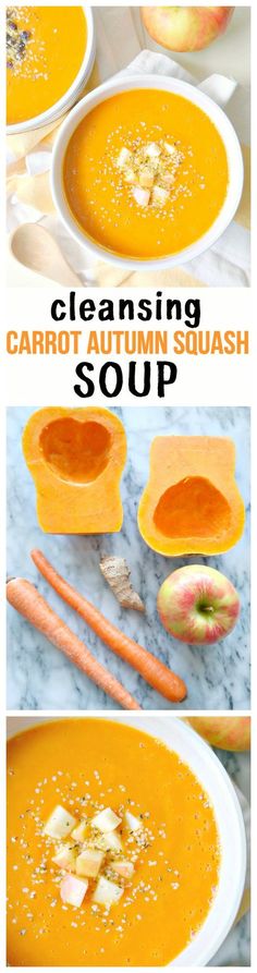 three different views of pumpkin soup with apples and carrots