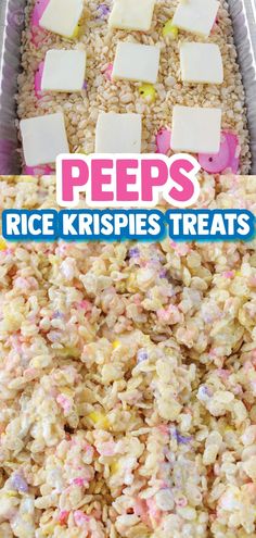 rice krispies treats in a pan with marshmallows and other toppings