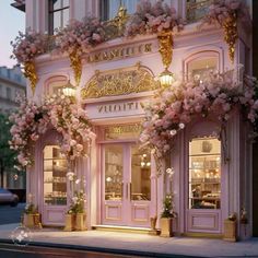 a pink store front with flowers on the windows and gold trimmings around it