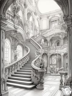 a drawing of a staircase in a palace