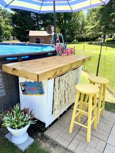 an outdoor bar with two stools next to a swimming pool in the back yard