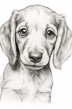 a black and white drawing of a puppy's face, looking at the camera