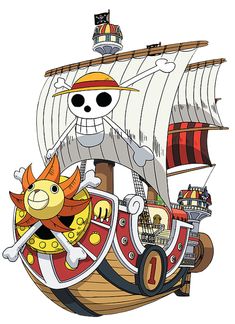 a cartoon pirate ship with a skeleton on it