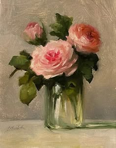 a painting of pink roses in a glass vase