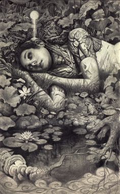 a drawing of a child laying on top of water lilies