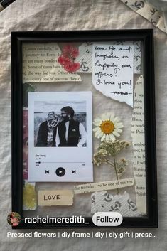 an old photo frame with flowers and pictures on it that says, i love rachelmedth follow