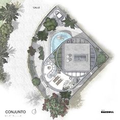 an aerial view of a house with a swimming pool in the center and trees surrounding it