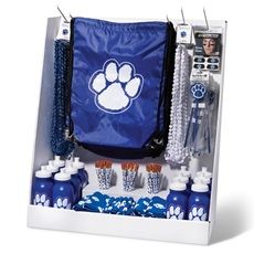 an assortment of items in a white box with a blue bag on the top and paw prints on the bottom