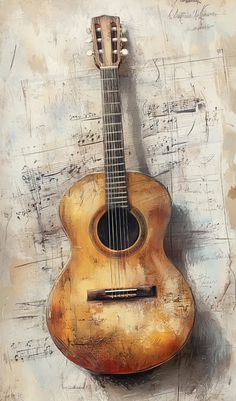 a painting of an acoustic guitar on a wall with music notes all over the surface