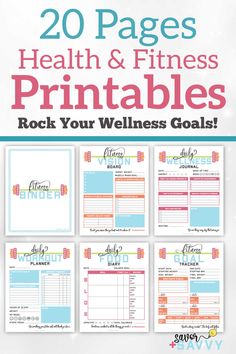 the health and fitness printables bundle is shown with text that reads 20 pages, health