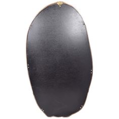 an oval shaped black leather case with gold trimmings and rivets on the sides