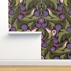 an image of a wallpaper with flowers and leaves on the wall in front of it