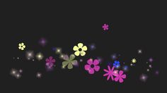 colorful flowers and stars are flying in the dark night sky, with bright lights shining on them