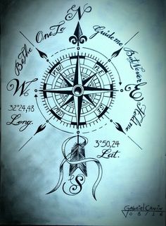 a drawing of a compass with arrows and other writing on the back side of it