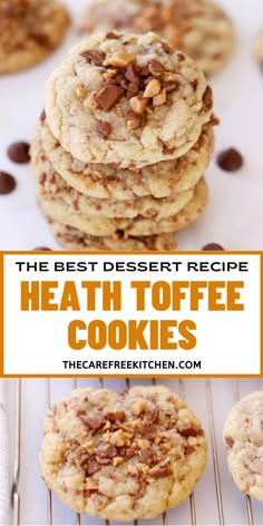 These Heath Toffee Cookies are soft and chewy with a delicious buttery, burnt caramel flavor.  They are an easy, must-try alternative to regular chocolate chip cookies. Heath Toffee Cookies, Chocolate Chip Cookies With Toffee Bits, Heath Bar Cookies Recipe, Heath Cookies Recipes Toffee Bits, Cookies With Caramel Bits, Heath Desserts, Camp Desserts, Cookies With Toffee Bits, Toffee Cookies Recipe