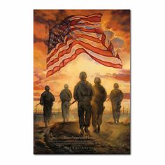 an american flag flying over soldiers walking towards the sun in front of a cloudy sky