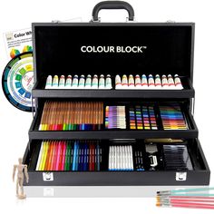 an open briefcase filled with lots of different colored crayon pencils and markers