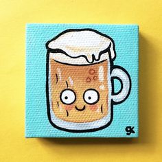 a painting of a mug with eyes and nose on a blue square coaster against a yellow background