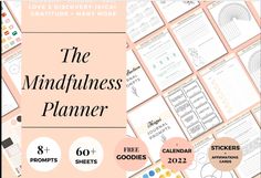 the mindfulness planner printables are on display in front of a pink background