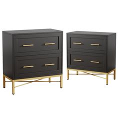 pair of black and gold nightstands with brass handles on each drawer, side by side