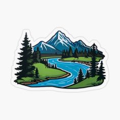 a sticker with mountains, trees and a river