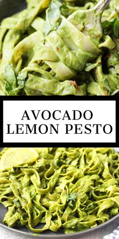 avocado and lemon pesto pasta in a bowl with the title above it