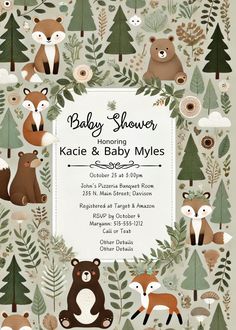 the baby shower is decorated with woodland animals and leaves, including foxes, bears, and pine trees