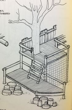 a drawing of a tree with ladders next to it and barrels under the tree