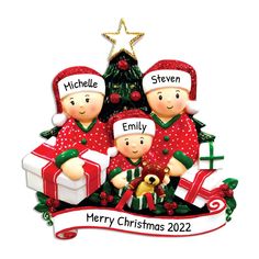 personalized family christmas ornament with tree and presents on the bottom, in front of a white background