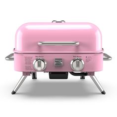 a pink barbecue grill with two burners on the top and one side open to show the