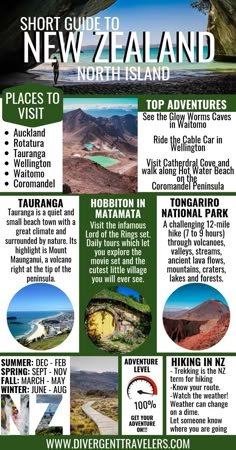 an advertisement for the new zealand national park, with information about its locations and attractions