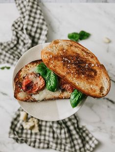 two pieces of toast on a white plate with basil leaves and tomato slices in the middle