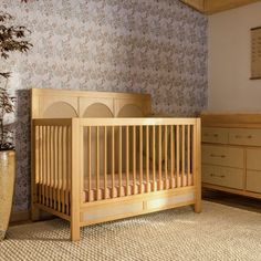 a wooden crib sitting in the middle of a room next to a potted plant