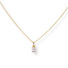 A dainty stone and delicate metallic chain are combined to create this Gold Pendant Necklace in stellar moissanite, your new favorite wear-anywhere accessory.   The birthstone for the month of April is Diamond. Moissanite is referred to as a Diamond simulant. Moissanite disperses light very well and has higher light refraction than Diamond and will appear more brilliant.  Lab-created moissanite stone; Made of 14K gold plated sterling silver.  Pendant size: 4mm x 6mm with 18" chain.   Hypoallergenic, nickel, and lead-free; Tarnish resistant. H2O sensitive. Before showering or working out, remove your plated jewelry. Clean your piece by buffing gently with a dry cloth and store it in your pouch. Minimalist White Pendant Birthstone Necklace, Rose Gold Baguette Cut Necklace For Gift, Minimalist 14k Gold Baguette Cut Necklace, 14k Gold Baguette-cut Fine Jewelry Necklace, April Birthstone Necklace, September Birthstone Jewelry, Diamond Simulant, August Birthstone Jewelry, July Birthstone Jewelry