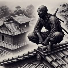 a man sitting on top of a roof next to a building with a knife in his hand