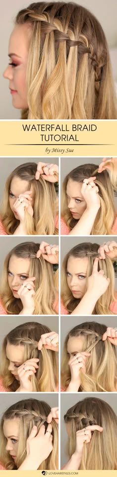 Learn How to Do a Waterfall Braid | LoveHairStyles.com Braid Plaits, Simple Hairdos, Braids Waterfall, Braids Simple, Waterfall Braid Tutorial, Waterfall Beautiful, Updo Easy, Braids Step By Step, Waterfall Braids