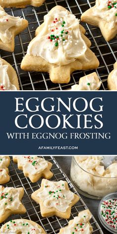 eggnog cookies on a cooling rack with frosting and sprinkles