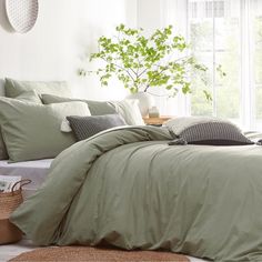 a bed with green sheets and pillows next to a potted plant in a white room