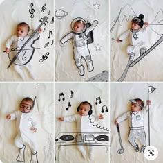 a collage of photos with a baby wearing an astronaut suit and headphones on