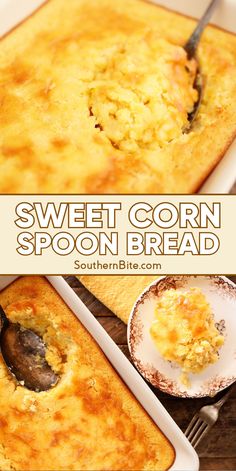 sweet corn spoon bread in a casserole dish on a plate with a serving spoon