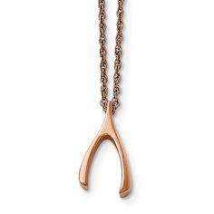 Everyone can use a little luck every day! This polished wishbone pendant fashioned from rose gold-tone plated stainless steel is approximately 10mm (3/8 inch) in width by 18mm (11/16 inch) in length and dangles on a matching 1mm width, 16-inch long loose rope chain finished with a fancy lobster clasp. Wishbone Necklace, Jewelry Rose Gold, Woven Necklace, Rose Tone, Stainless Steel Polish, Bow Jewelry, Jewelry Companies, Beaded Stretch Bracelet, Gold Jewelry Fashion