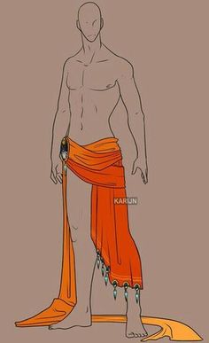 a drawing of a man in an orange skirt with his hands on his hips and feet crossed