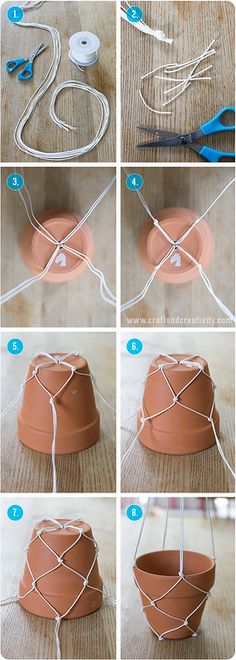 instructions to make a clay pot planter with twine and yarn on the top