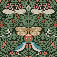 two birds sitting next to each other on top of a green and red wallpaper